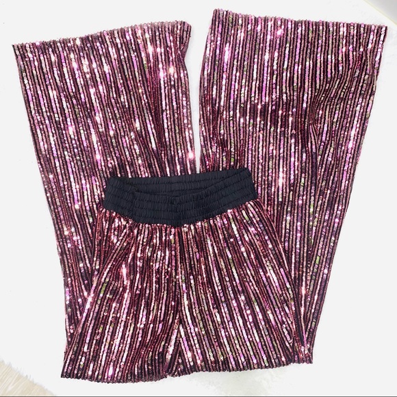 VICTORIA’S SECRET Pink Gold Black Allover Sequin Wide Leg Pajama Lounge Pants XS - Picture 6 of 11